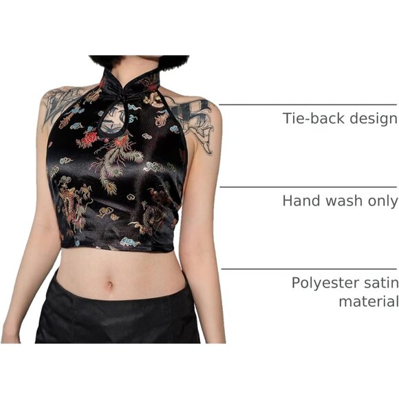 Women's Satin Sleeveless Crop Top Halter Tie Embroidery Chinese Style - Picture 4 of 6